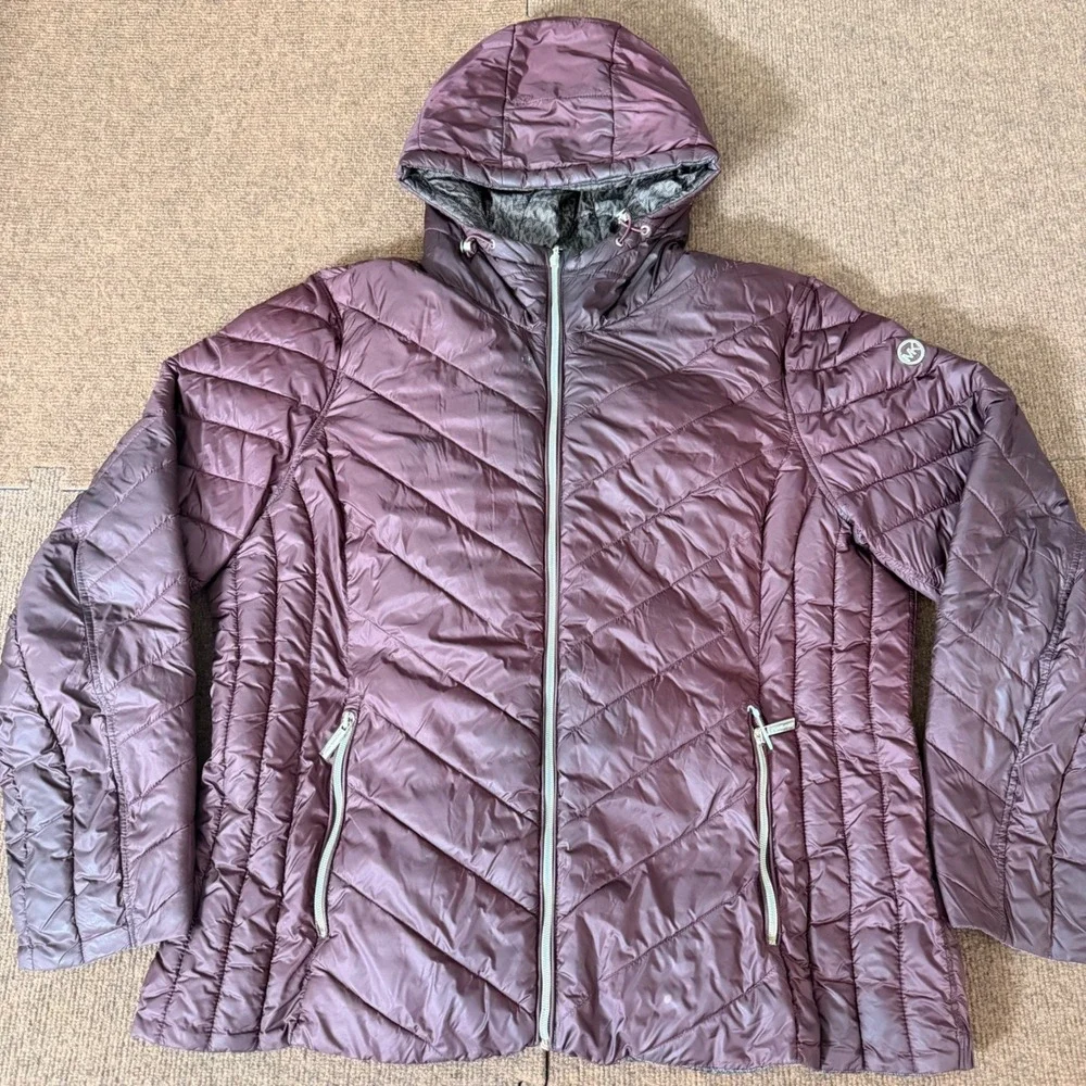 Michael Kors Womens Plum Purple Chevron Quilted‎ Hooded Puffer Jacket Coat MK A-